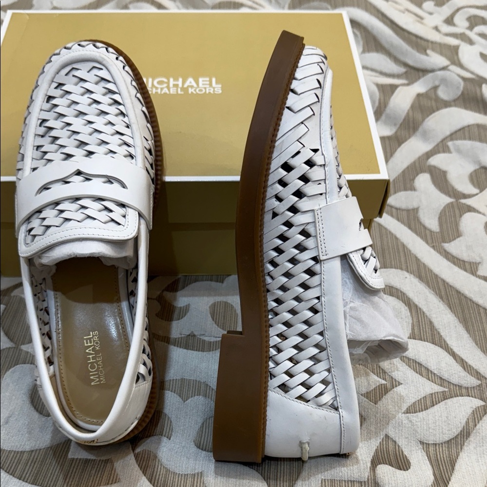 Michael Kors Eden White and Brown Woven Loafers